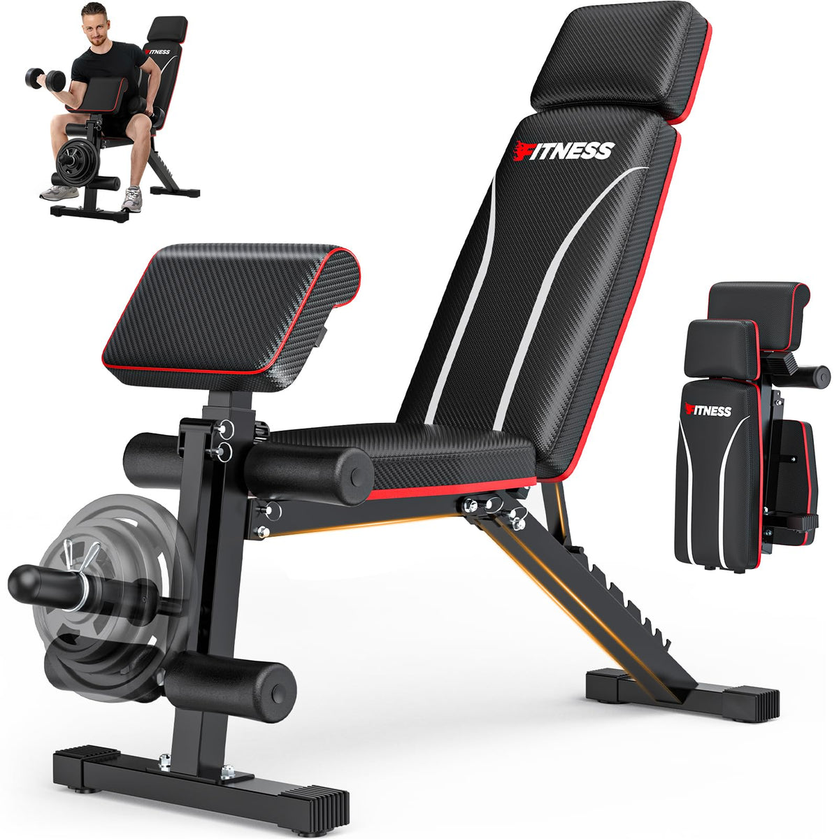 Foldable Workout Bench Adjustable Weight Bench for Home Gym with Leg Extension Preacher Pad Extended Headrest Collapsible Bench Press Full Body Workout Strength Training Banco de Pesas