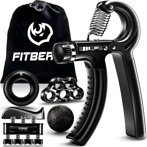 FitBeast Hand Gripper Workout Kit (5 Pack) Hand Grip Adjustable Resistance Hand Gripper Grip Ring & Grip Ball for Athletes Black