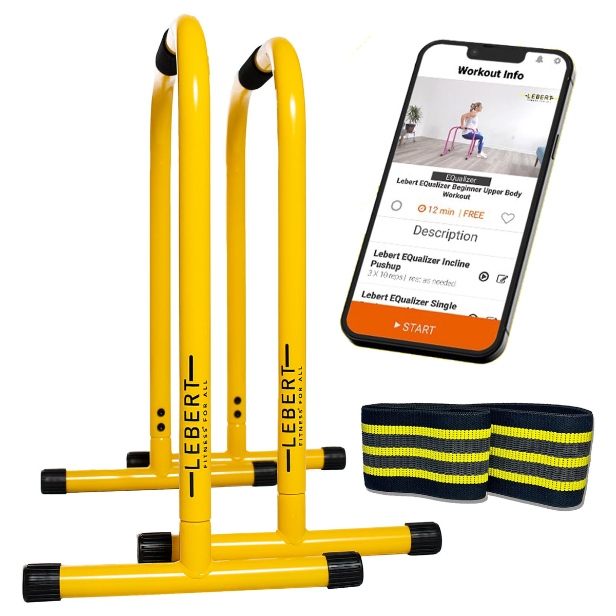 Lebert Fitness Dip Bar Stand - Original EQualizer Total Body Strengthener Pull Up Bar Home Gym Exercise Equipment Dipping Station - Hip Resistance Band Workout Guide and Online Group - Yellow